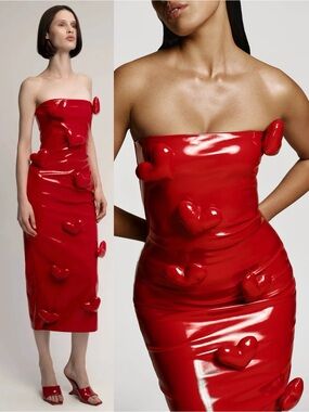 NEW NWT Cultnaked Love Killa Strapless Midi Dress In Red Patent Hearts
